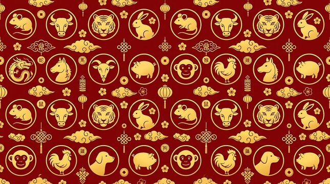 Seamless chinese zodiac pattern with golden animal icons on red