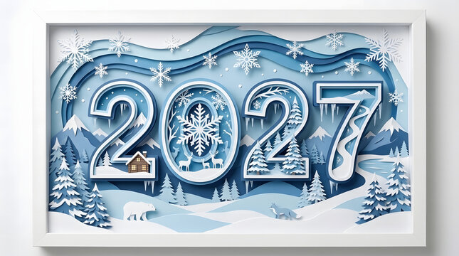 2027 Paper Cut Typography Happy New Year Modern Design 33