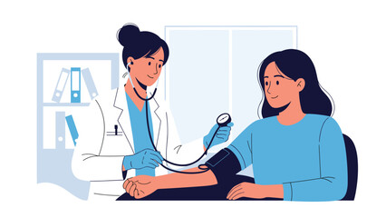 Fototapeta premium Female doctor in a white coat checking a female patient blood pressure with a manual monitor during a routine medical examination in clinic.