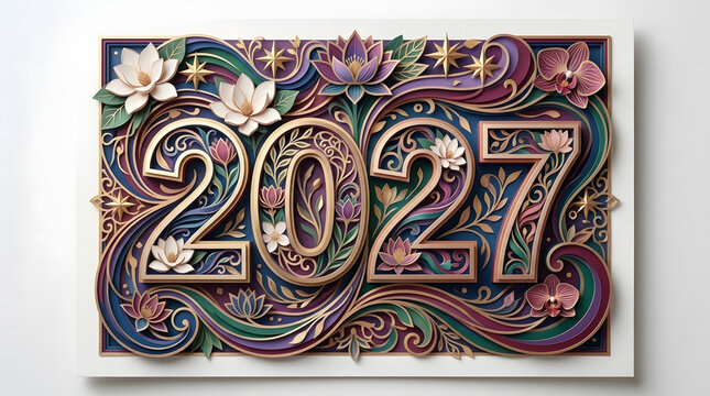 2027 Paper Cut Typography Happy New Year Modern Design 28