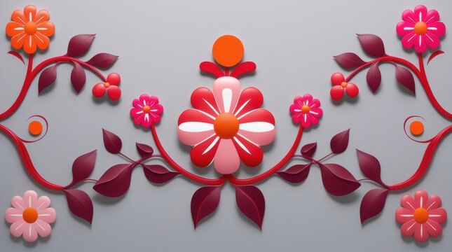 Decorative floral border with pink and orange flowers and leafy vines