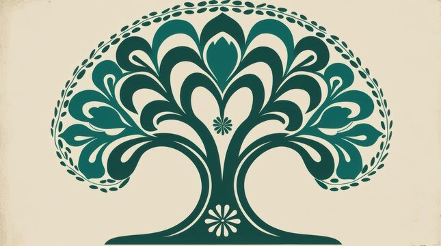 Decorative green tree icon with floral details isolated on white background
