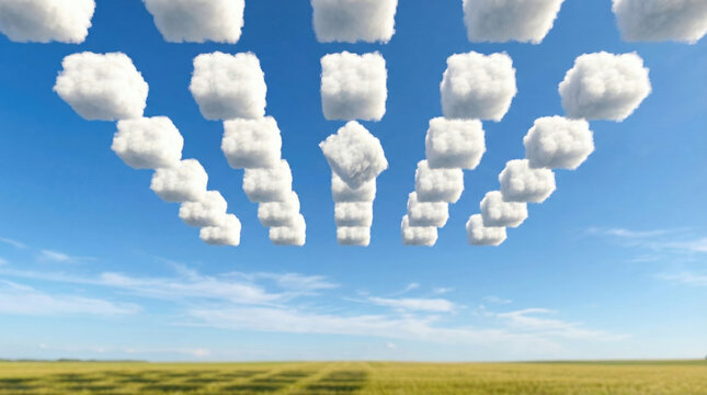 Surreal sky with cube-shaped clouds over a field