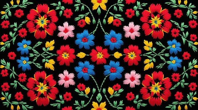 Colorful floral embroidery pattern on black background