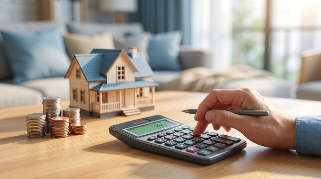 Man calculating mortgage costs for new home using calculator and coins on desk for real estate investment concept