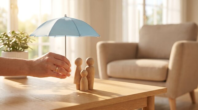 Family protection and life insurance concept with wooden figures under a small umbrella for safety and security cover