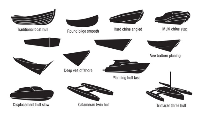 Set of various boat hull types for ship design and maritime industry.