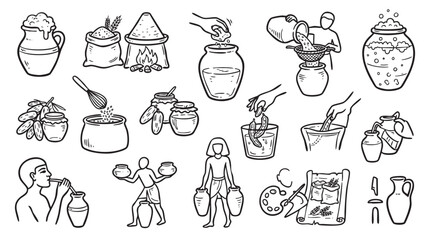 Fototapeta premium Hand drawn illustrations of ancient Egyptian daily life and food production.