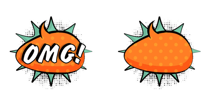 Cartoon comic speech bubbles with omg text and blank  pop art style emoticon expressions  orange green white black transparent background