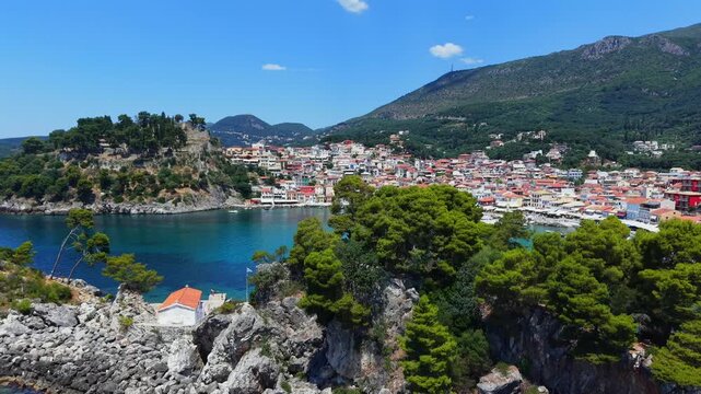 Parga Greek mainland town, aerial view of a mainland coastal town in Greece