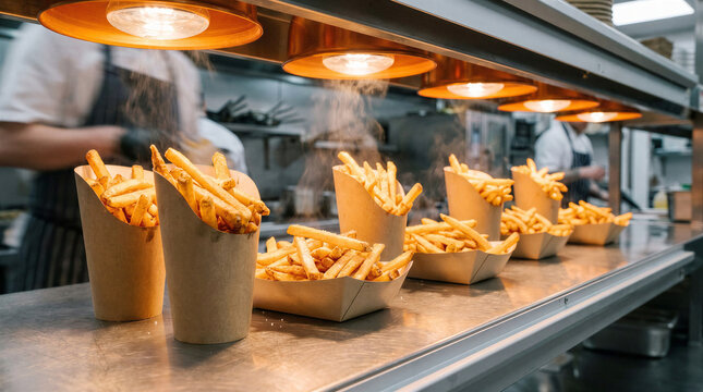 Packaged french fries standing under orange heat warming lamps in commercial kitchen