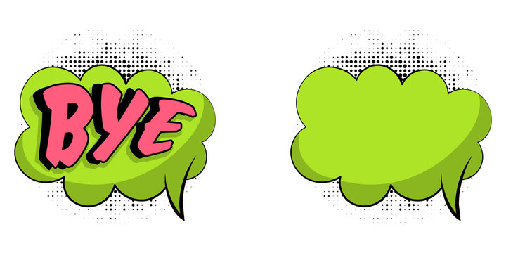 Comicstyle speech bubbles with bye text and empty green cloud for dialogue isolated on white background for conversation transparent background