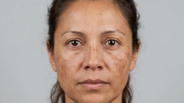 A woman standing in a studio with neutral background. Her face displays unique skin texture and natural features without makeup. She looks directly at the camera