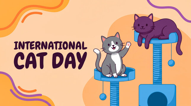Cute cats celebrating international cat day on cat towers