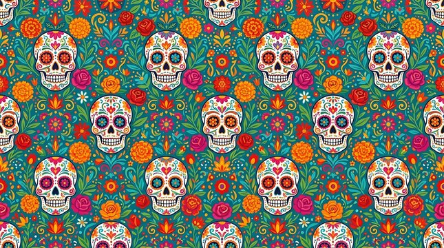 Vibrant sugar skull and floral pattern for day of the dead