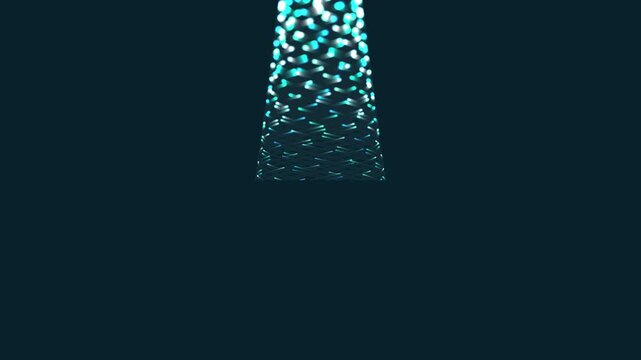 Abstract digital beam of glowing cyan particles forming a conical shape against dark background