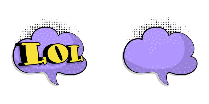 Purple comic speech bubbles with LOL text and empty one on white background for chat and communication design  funny expression transparent background
