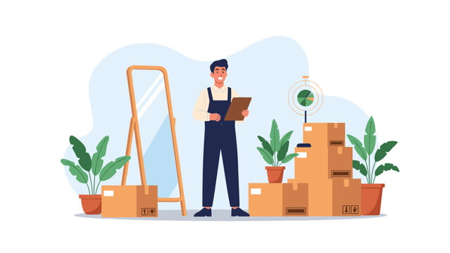 Happy delivery man or mover holding a clipboard and standing next to cardboard boxes and a mirror in an office.