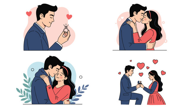 Collection of romantic scenes showing a young man proposing to his girlfriend with an engagement ring in different poses.