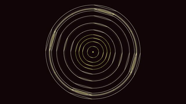 Abstract yellow glowing concentric circles forming a rhythmic hypnotic pattern against a deep black background