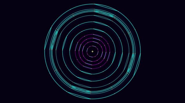 Abstract circular geometric animation featuring glowing neon lines connected by dots in a dark background