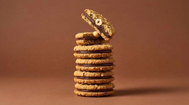 Gourmet chocolate hazelnut sandwich cookies stacked on brown background, crunchy oatmeal biscuits with cocoa cream filling, sweet dessert snack