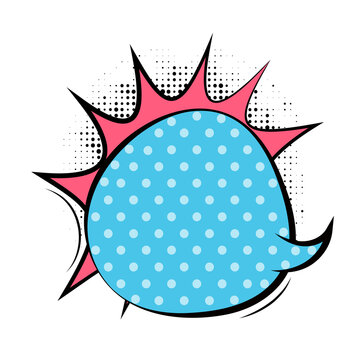 Cartoon comic speech bubble with pink spikes and blue polka dots on white background for dialogue and text transparent background