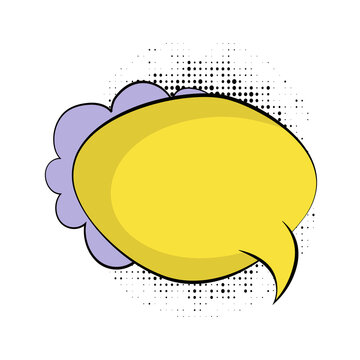 Cartoon yellow speech bubble with purple cloud and halftone dots on white background for communication and dialogue transparent background