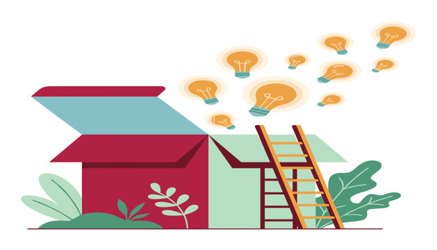 Thinking outside the box creative business concept with glowing light bulbs flying out of open cardboard box flat vector illustration