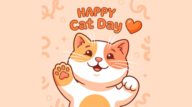 Happy cartoon cat waving paw with heart on cat day