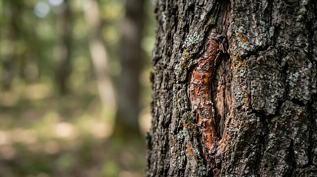 Golden pine resin on textured tree bark in a sunlit forest
