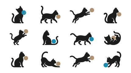 Fototapeta premium Vector illustration set of twelve black cat silhouettes in different playful positions interacting with blue and tan circular balls isolated on a plain white background.