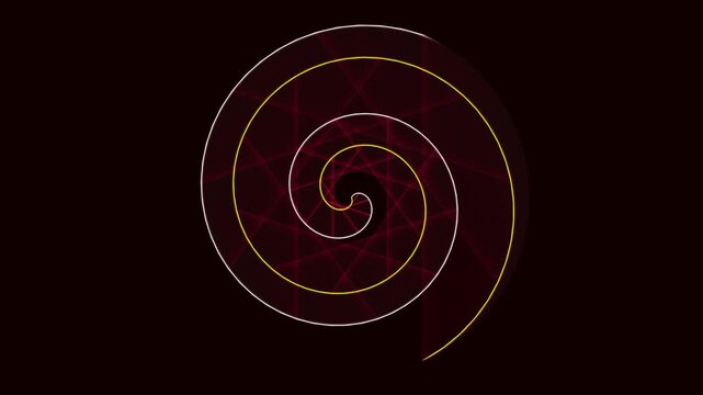 Abstract Geometric Spiral Animation Featuring Glowing Golden and White Lines on a Dark Background Surface