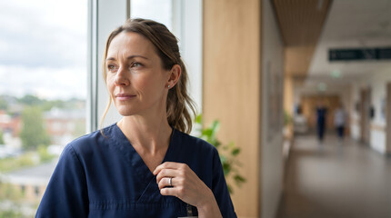 Fototapeta premium Professional Nurse Taking Quiet Reflective Moment Between Patient Care
