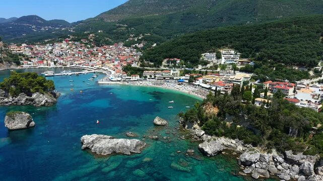 Parga Greek mainland town, aerial view of a mainland coastal town in Greece
