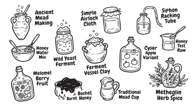 Ancient mead making process featuring fermentation vessels, honey mixing, and various mead types with ingredients.