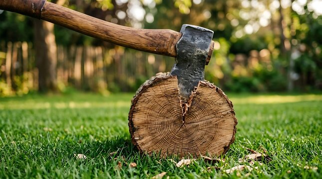 A sharp axe embedded in a wooden log on a green grass lawn