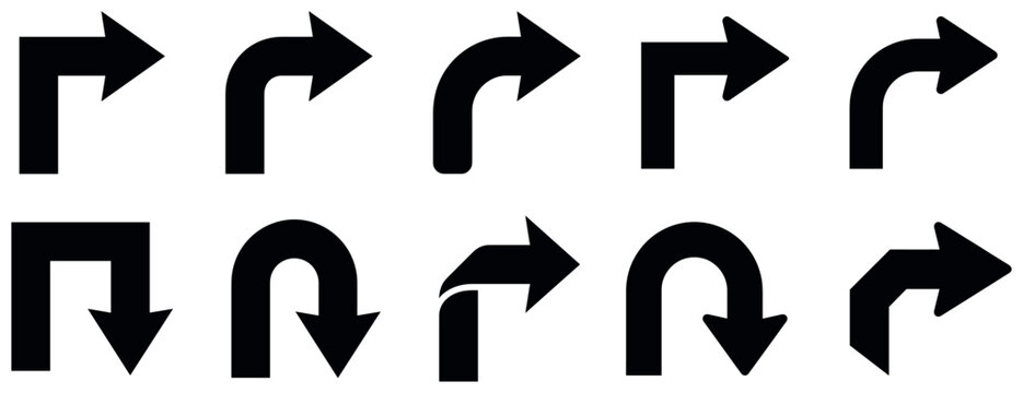 Collection of black directional arrow symbols showing turns and u turns for road sign design.
