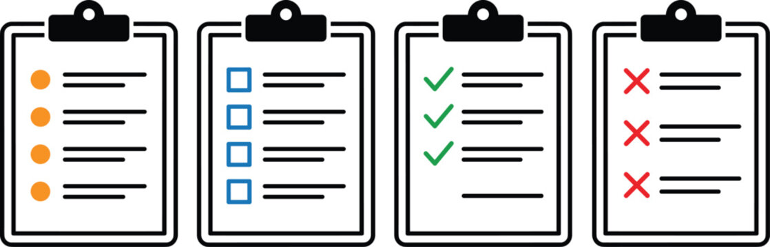 Checklist clipboard icon collection with task list checkbox completed and rejected status symbols in modern outline vector style for productivity management