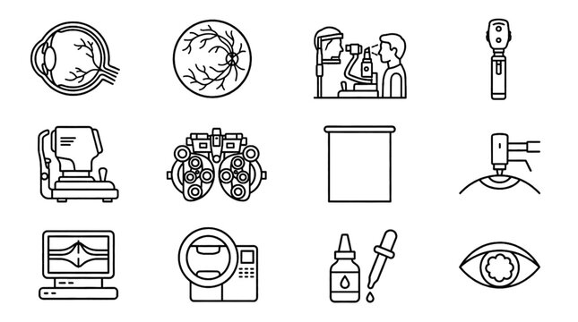 Eye Health Diagnostics Vector Icon Set Featuring Optometry Vision Testing Retinal Screening Ophthalmology Equipment and Clinical Eye Care Symbols
