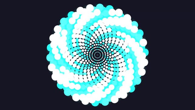 Abstract geometric pattern with white and blue glowing dots swirling in a circular mandala formation
