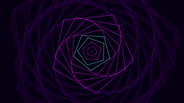 Abstract Geometric Tunnel Background with Glowing Neon Purple and Cyan Rotating Pentagon Shape Light Lines