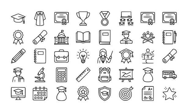Academic success outline icon set with graduation cap trophy and certificate vector