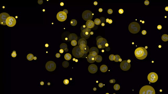 Elegant white dollar yollow coin shower animation isolated on black background featuring seamless looping motion for financial success, investment growth, accounts and digital presentations.