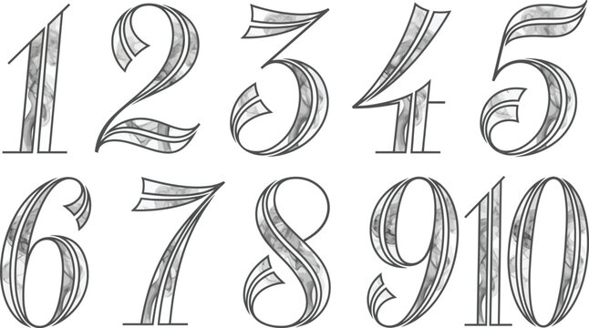 A decorative set of numbers from one to ten, rendered in a vintage, calligraphic style with hatching.