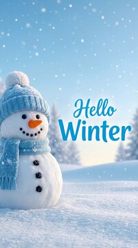 Cute snowman wearing blue scarf and hat with hello winter text greeting