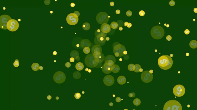 Elegant white dollar yollow coin shower animation isolated on dark green background featuring seamless looping motion for financial, investment growth, accounts and digital economy presentations.