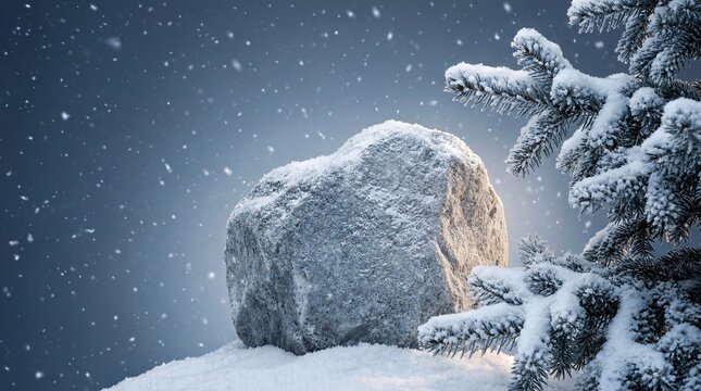 Large mossy rock boulder in snowy forest landscape during heavy snowfall, Christmas New Year, Winter Night, 