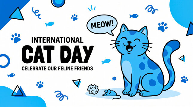 Happy blue cartoon cat celebrating international cat day