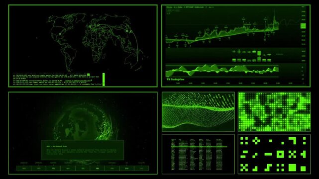 Green cyber security HUD interface with world map financial charts and digital data elements